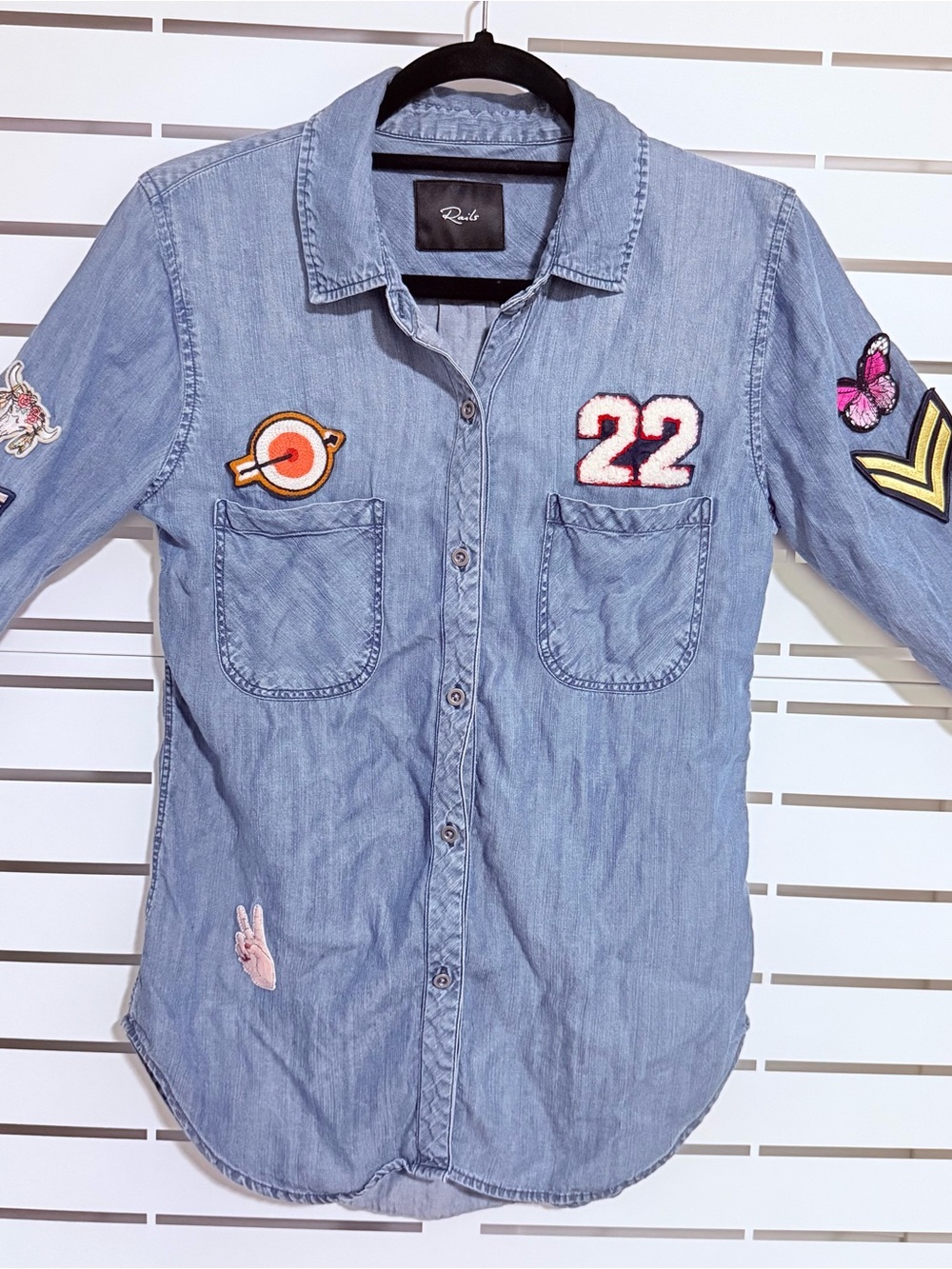 Rails Carter Dark Vintage Chambray Button-Down Patchwork Shirt, XS